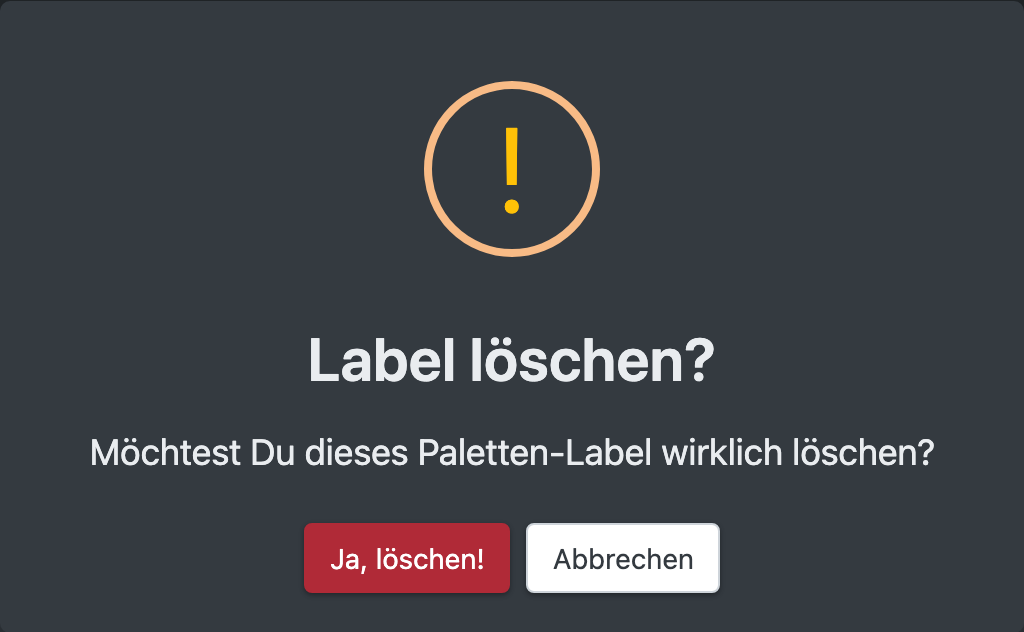 Screenshot: Bestätigungsdialog zum Löschen eines Paletten-Labels
