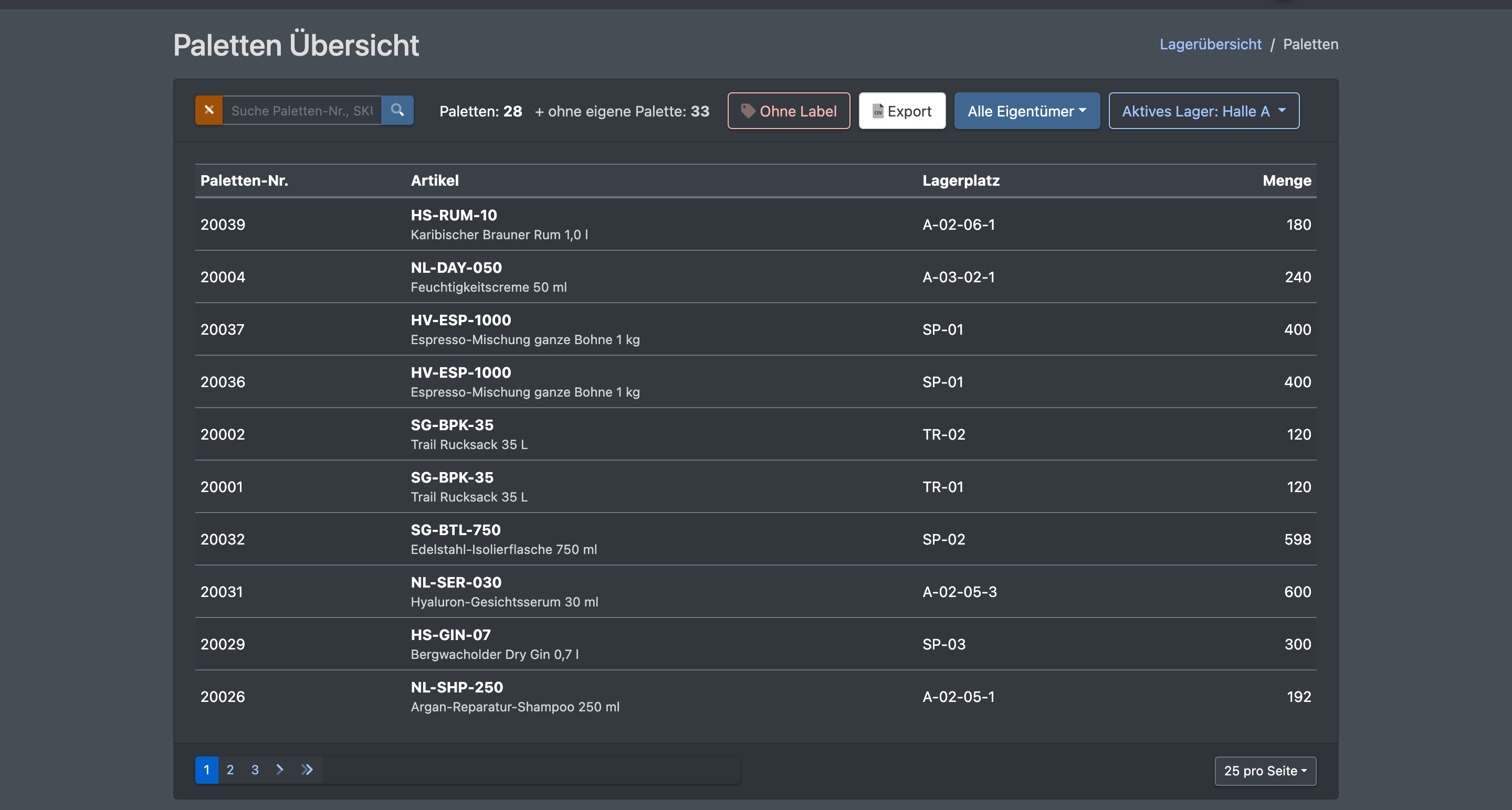 Screenshot: Paletten Übersicht mit Suchfeld, Eigentümerfilter, Palettenzähler und der Liste der Paletten