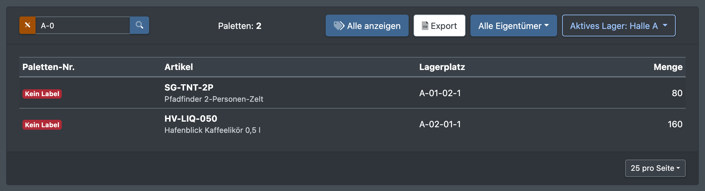 Screenshot: Paletten-Übersicht, gefiltert auf „Ohne Label“, mit roten Badges „Kein Label“