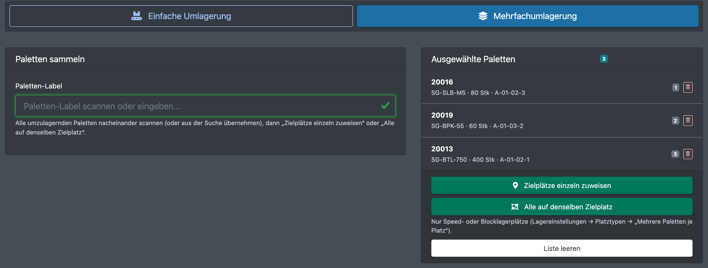 Screenshot: Reiter „Mehrfachumlagerung“ mit drei gescannten Paletten und den beiden Zuweisungs-Schaltflächen