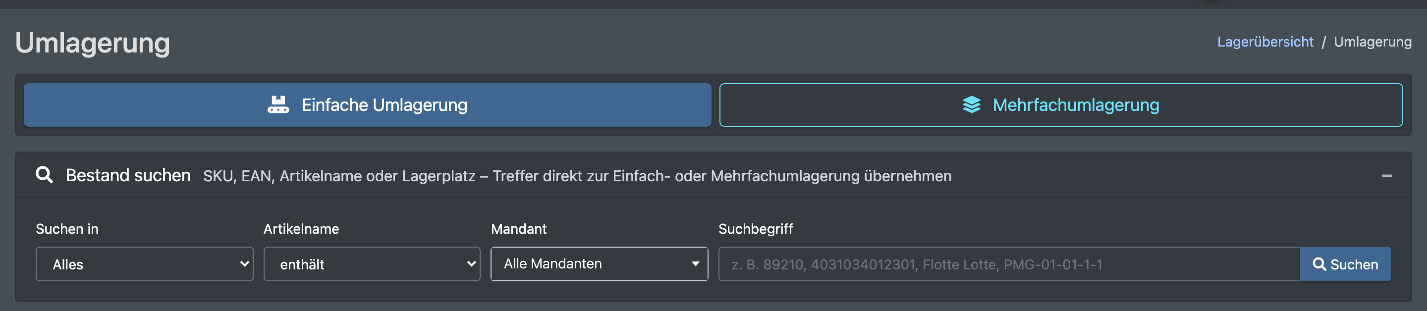 Screenshot: Seite „Umlagerung“ mit den Reitern „Einfache Umlagerung“ und „Mehrfachumlagerung“ und dem Kasten „Bestand suchen“