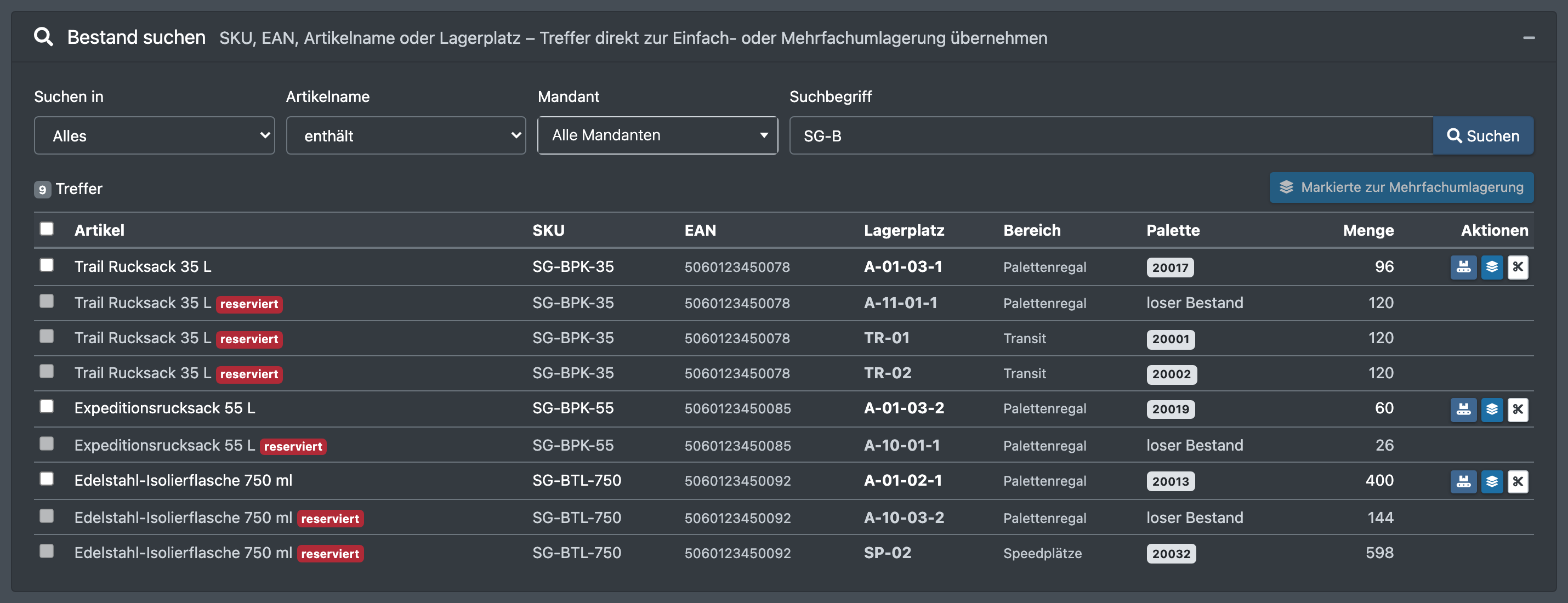 Screenshot: „Bestand suchen“ mit Suchoptionen und einer Trefferliste mit den Übernahme-Schaltflächen