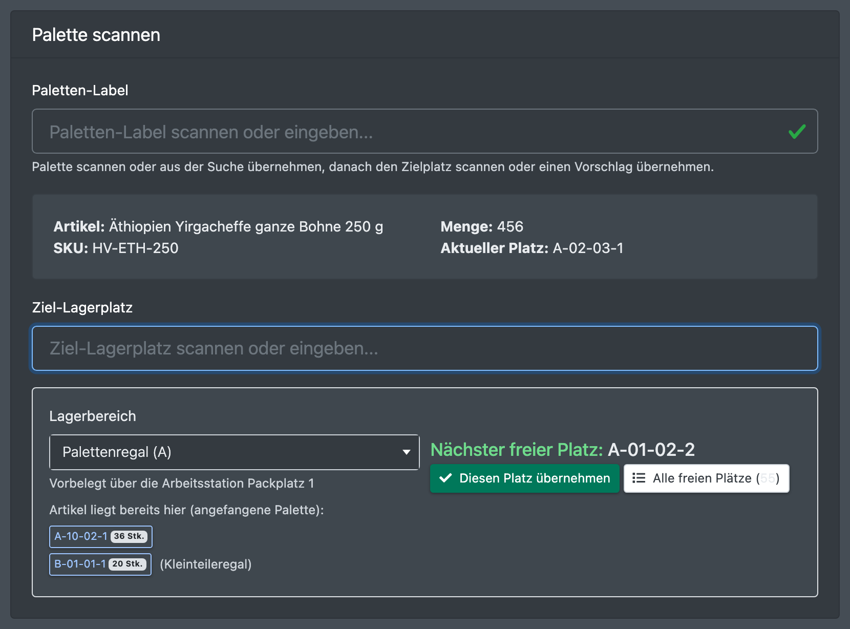 Screenshot: Einfache Umlagerung mit gescannter Palette, Auswahl des Lagerbereichs und vorgeschlagenem nächsten freien Platz
