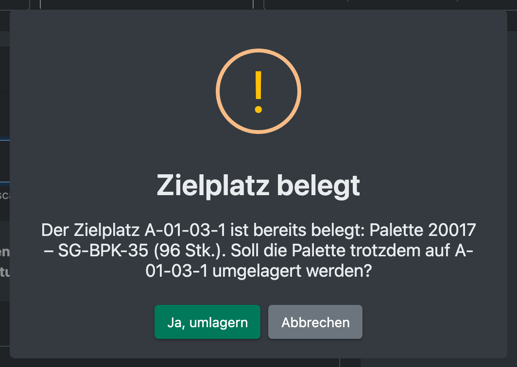 Screenshot: Bestätigungsdialog „Zielplatz belegt“
