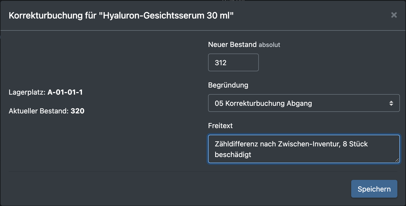 Screenshot: Dialog „Korrekturbuchung“ mit neuem Bestand, Begründung und Freitext