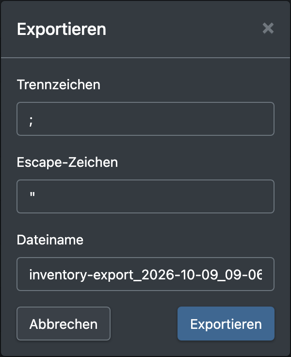 Screenshot: Spalten-Editor und Export-Dialog der Bestandsübersicht