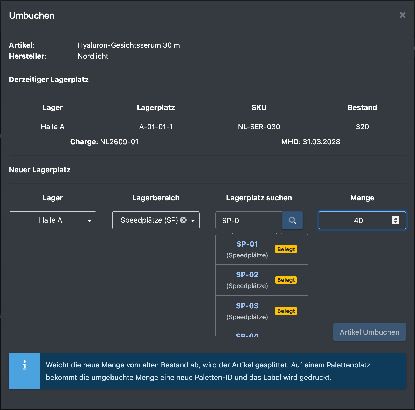 Screenshot: Dialog „Artikel Umbuchen“ mit Lagerbereich, Platzsuche und Menge