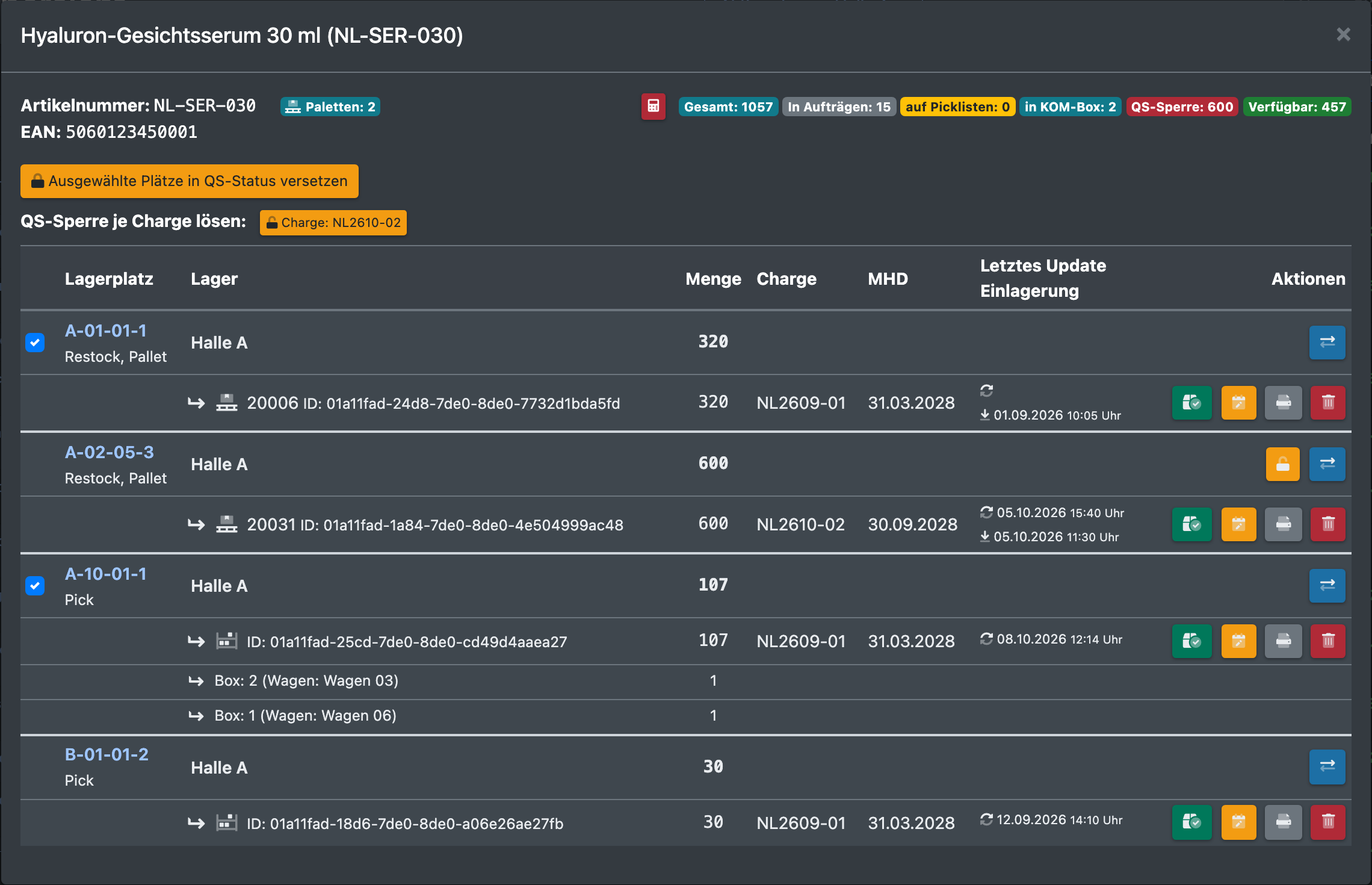 Screenshot: Artikelfenster mit ausgewählten Plätzen und den QS-Schaltflächen