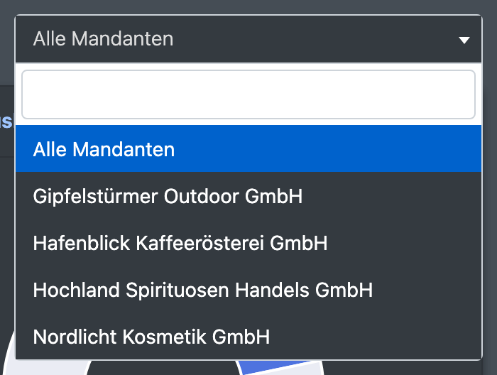 Screenshot: Auswahl „Mandantenname“ oben im Dashboard