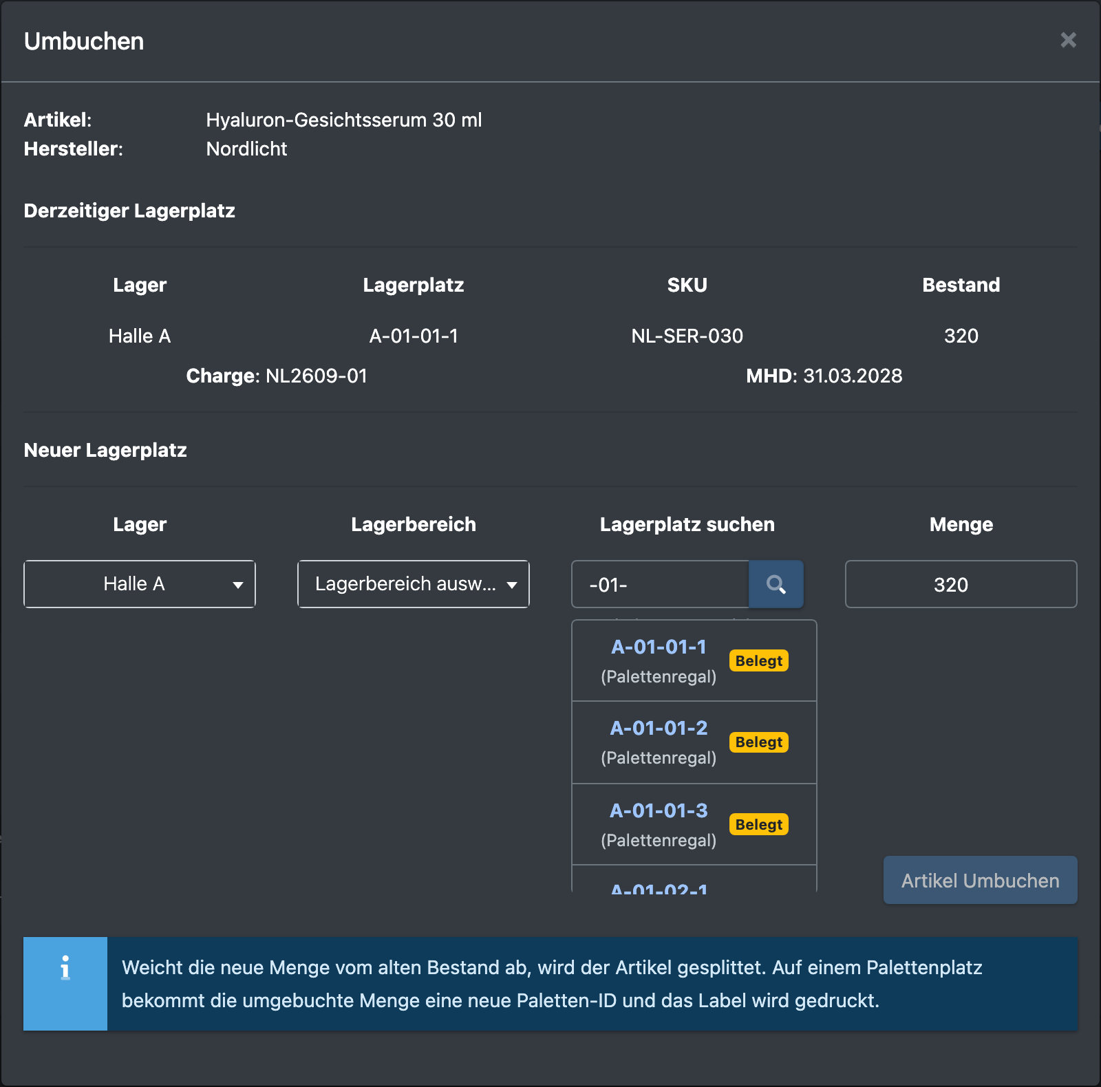 Screenshot: Dialog Umbuchen in der Bestandsübersicht mit der Lagerplatzsuche, die nur Plätze der zugewiesenen Bereiche zeigt