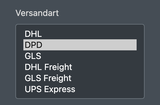 Screenshot: Packplatz mit der Auswahl „Versandart“, in der die Frachtführer des Lagers aufgelistet sind