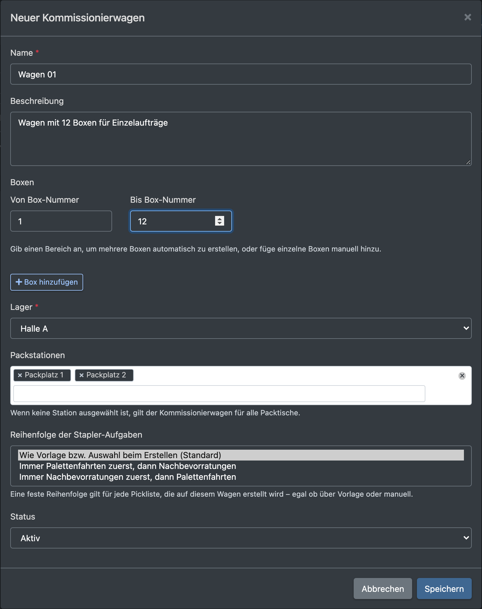 Screenshot: Formular „Neuer Kommissionierwagen“ mit Name „Cart 01“, Boxbereich 1 bis 12, zwei ausgewählten Packstationen und der Auswahlliste für die Stapler-Reihenfolge