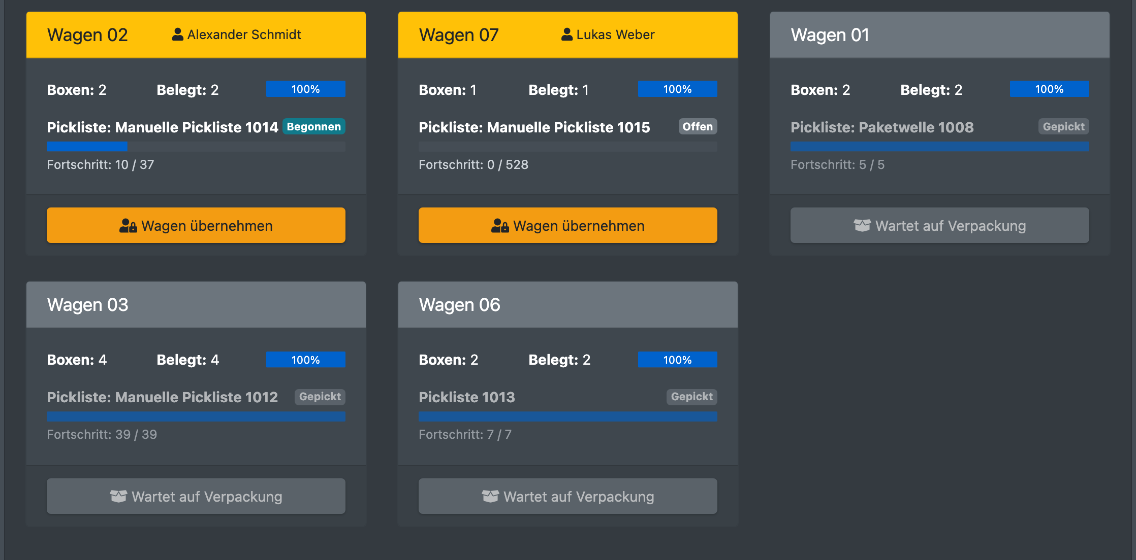 Screenshot: Wagenauswahl im Pickprozess mit einem freien Wagen, einem Wagen in Benutzung und einem ausgegrauten Wagen, der auf die Verpackung wartet