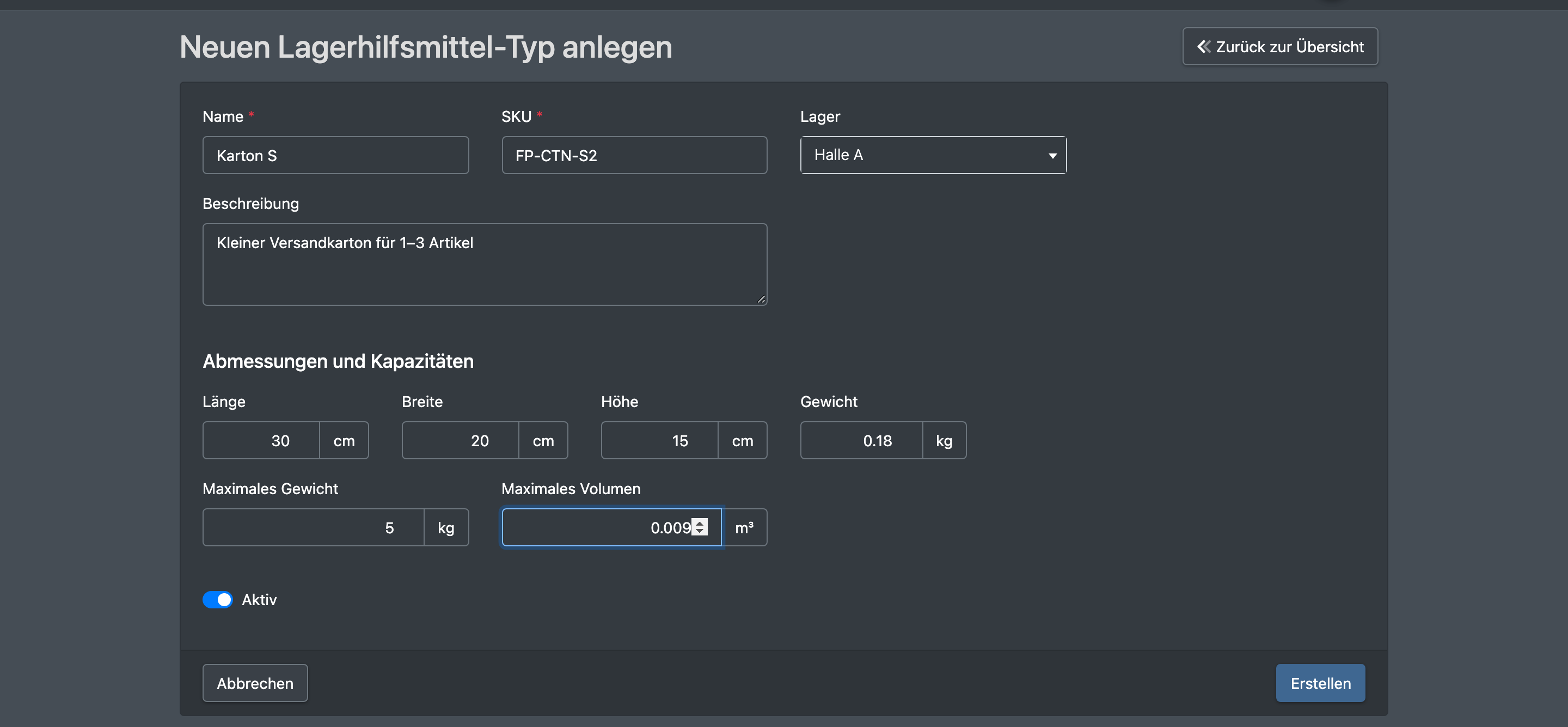 Screenshot: Formular „Neuen Lagerhilfsmittel-Typ anlegen“ mit Name „Carton S“, SKU, Lager und ausgefülltem Abschnitt „Abmessungen und Kapazitäten“