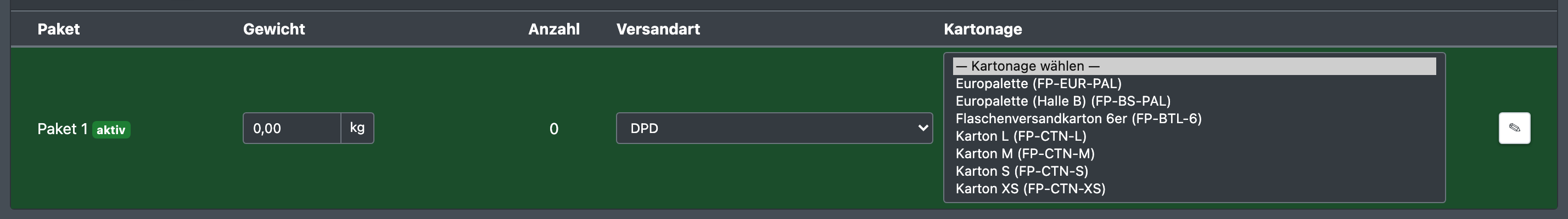 Screenshot: Packplatz mit der Auswahl „Kartonage wählen“, in der die Lagerhilfsmittel-Typen aufgelistet sind