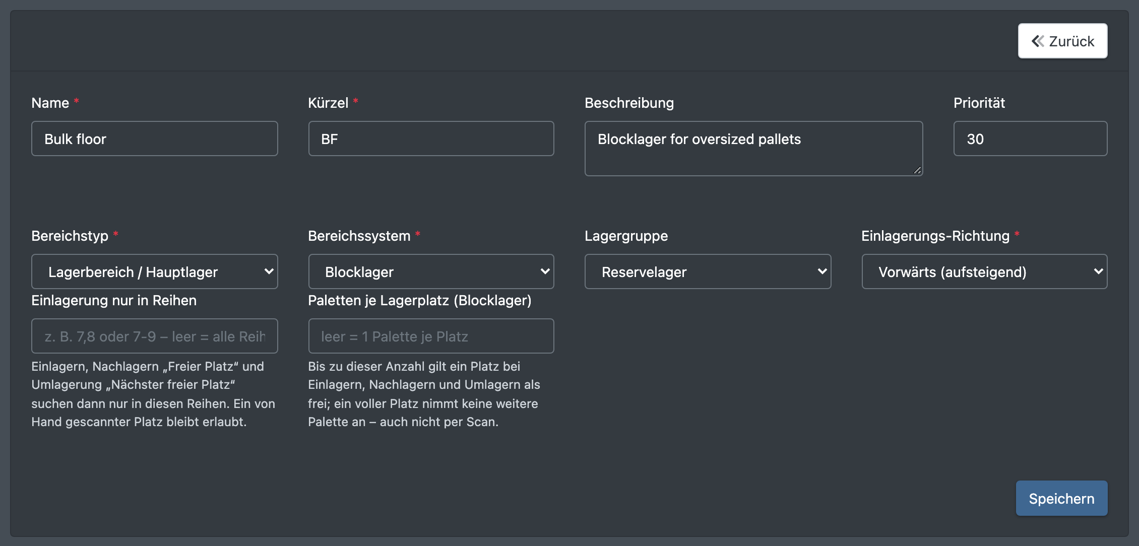 Screenshot: Formular „Neuer Bereich“ mit ausgefüllten Feldern Name, Kürzel, Bereichstyp, Bereichssystem, Lagergruppe und Einlagerungs-Richtung