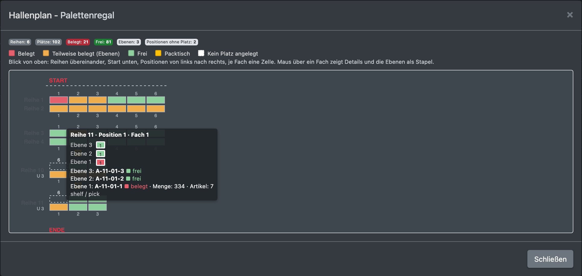 Screenshot: Hallenplan eines Bereichs mit belegten, teilweise belegten und freien Plätzen und dem Tooltip eines Fachs