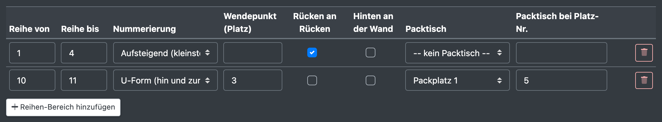 Screenshot: Abschnitt „Reihen“ mit zwei Reihen-Bereichen, Nummerierung U-Form mit Wendepunkt und einem zugeordneten Packtisch