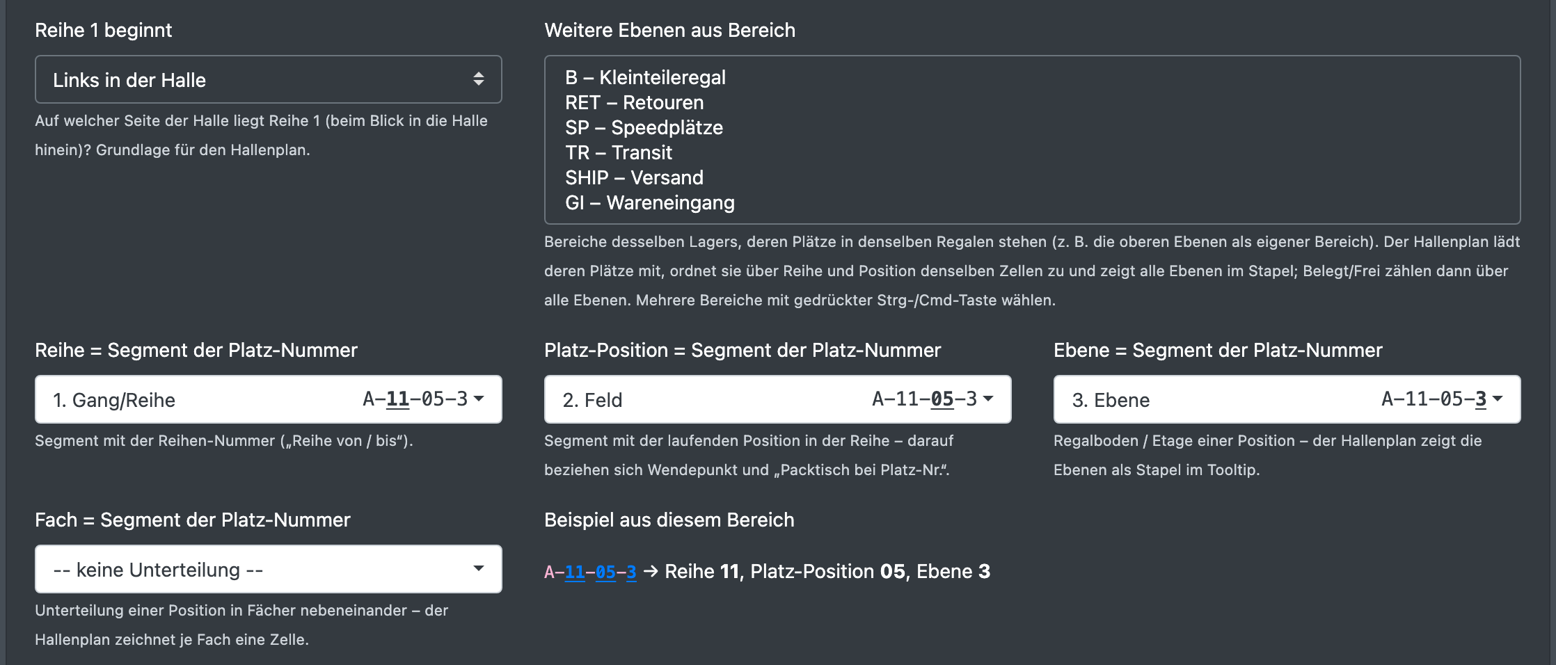 Screenshot: Segment-Zuordnung mit Reihe = 1. Segment, Platz-Position = 2. Segment, Ebene = 3. Segment und der Option „Reihe 1 beginnt“