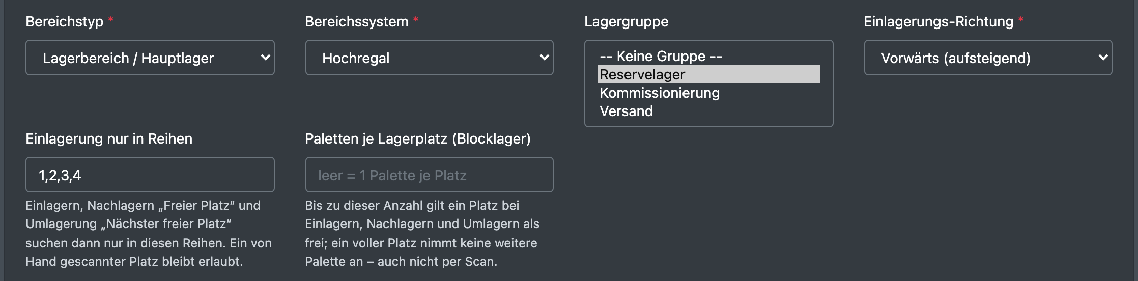 Screenshot: Formular eines Lagerbereichs mit geöffneter Auswahlliste „Lagergruppe“