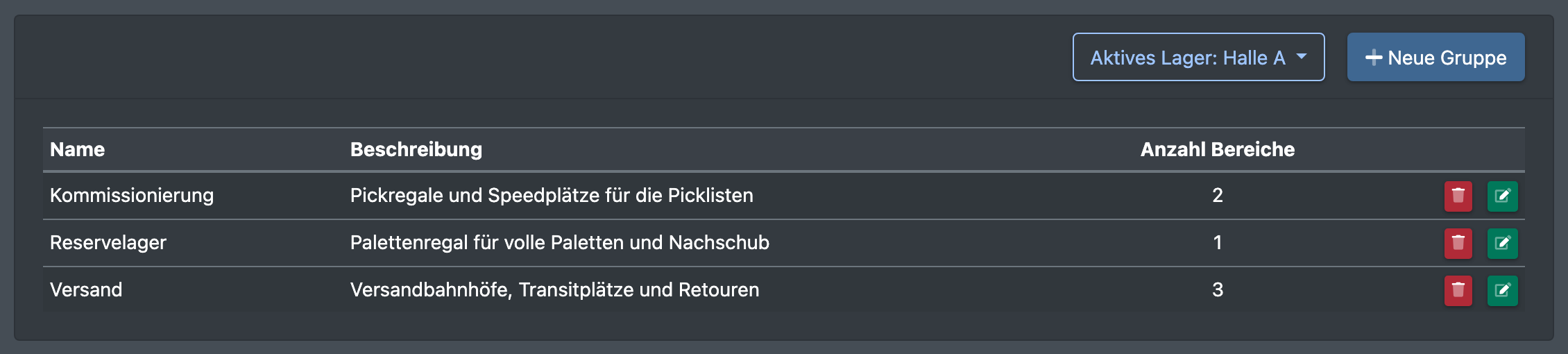 Screenshot: Liste der Lagergruppen mit den Spalten Name, Beschreibung und Anzahl Bereiche und dem Button „Neue Gruppe“
