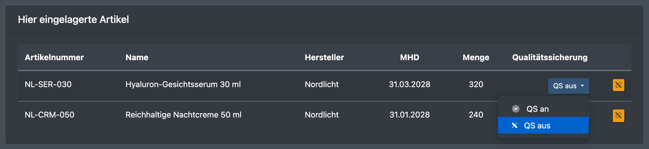 Screenshot: Tabelle „Hier eingelagerte Artikel“ mit der QS-Auswahl und dem Lösen-Button eines Artikels