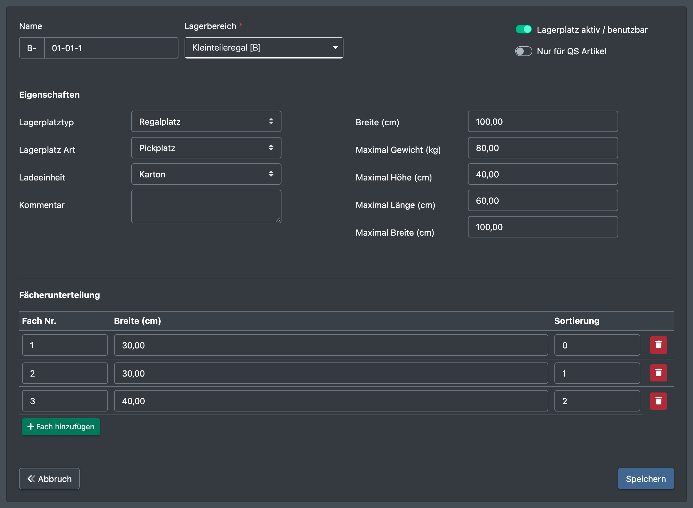 Screenshot: Formular „Lagerplatz bearbeiten“ mit Name, Lagerbereich, Aktiv-Schalter, QS-Schalter, Typ, Art, Ladeeinheit, Abmessungen und zwei Fächern