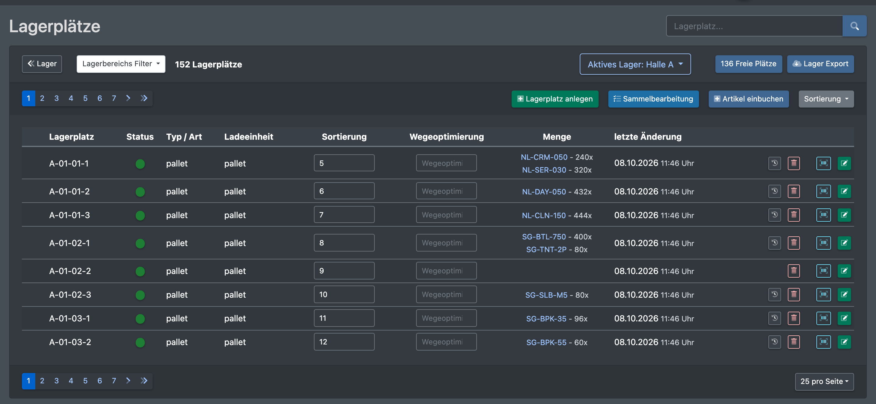 Screenshot: Liste der Lagerplätze mit Suche, Bereichsfilter, Filter „Freie Plätze / Alle Plätze“ und den Buttons Lagerplatz anlegen, Nummern Assistent und Sammelbearbeitung