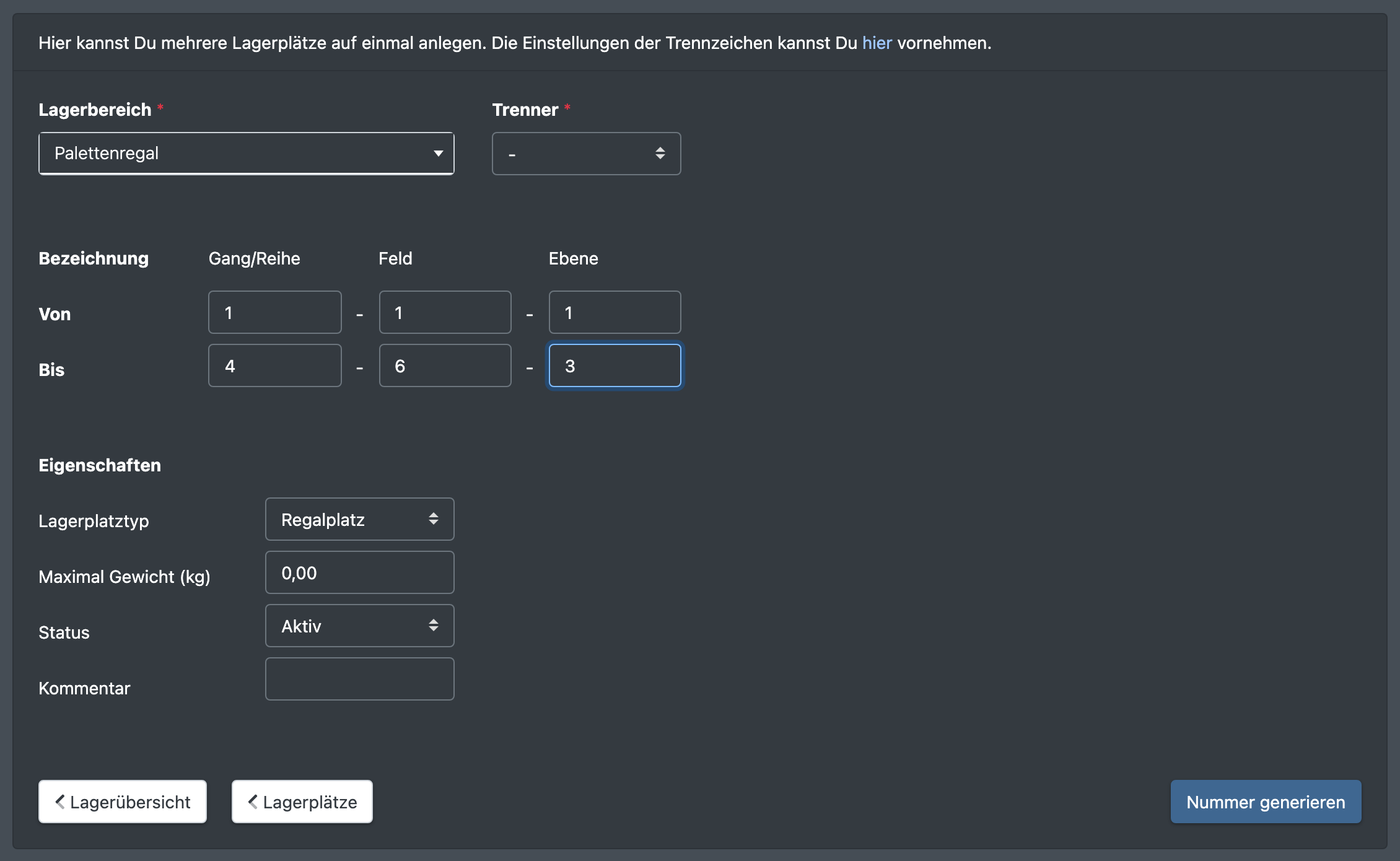 Screenshot: Nummern Assistent mit Bereich, Trenner und Von-/Bis-Werten für drei Segmente