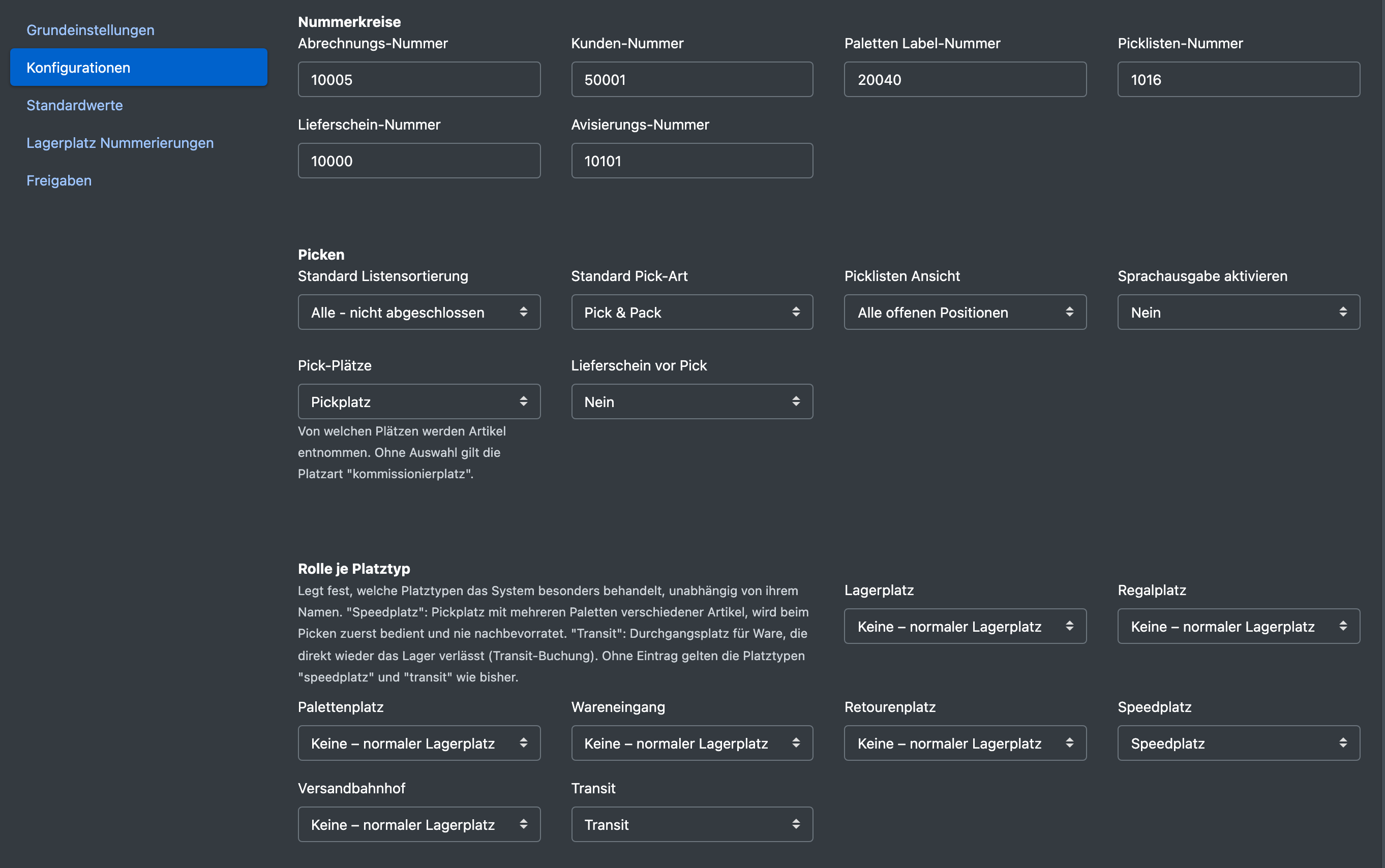 Screenshot: Reiter „Konfigurationen“ mit den Abschnitten Nummerkreise, Picken und Rolle je Platztyp