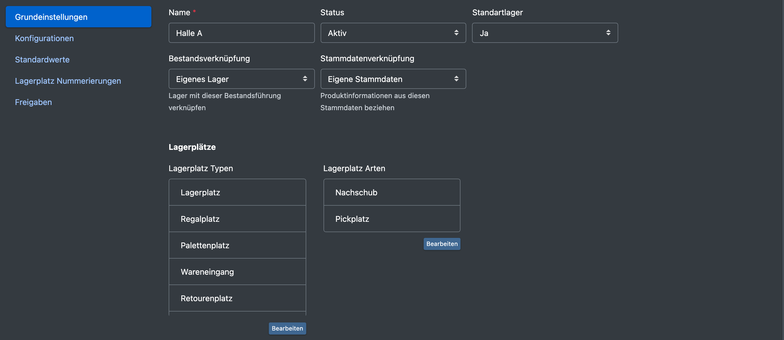 Screenshot: Reiter „Grundeinstellungen“ mit den Listen Lagerplatz Typen und Lagerplatz Arten und den Buttons Bearbeiten und Standard setzen
