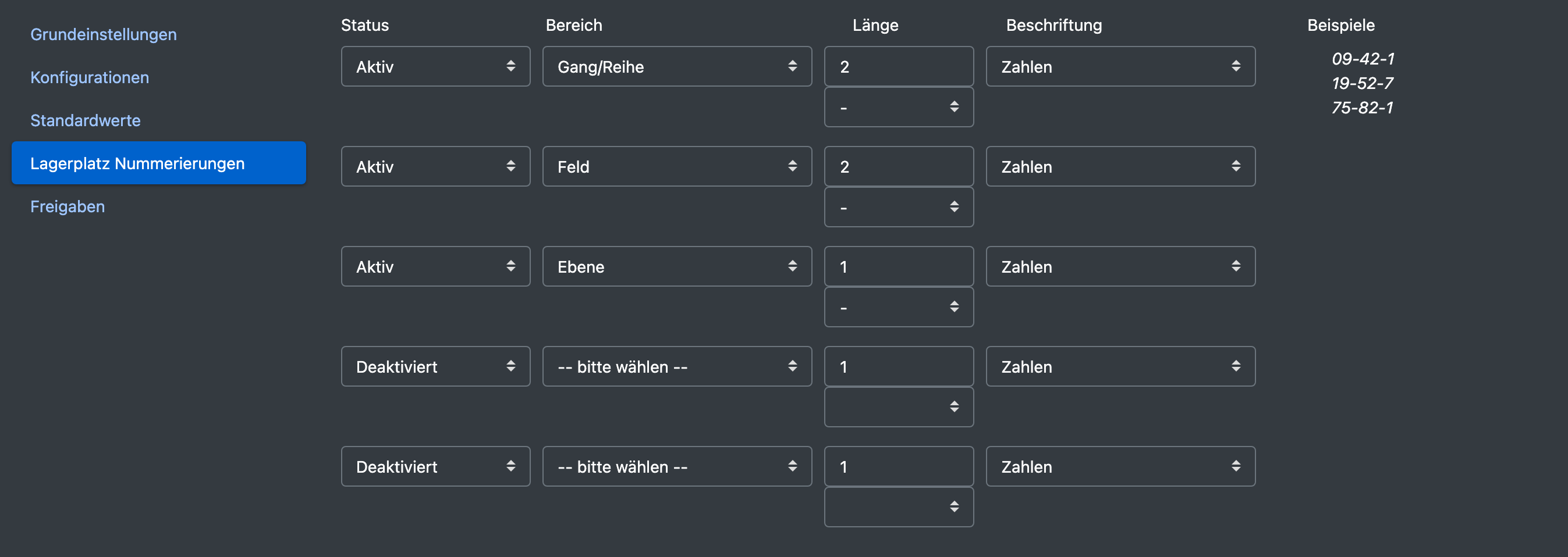 Screenshot: Reiter „Lagerplatz Nummerierungen“ mit drei aktiven Segmenten und der Vorschau einer Beispiel-Platznummer