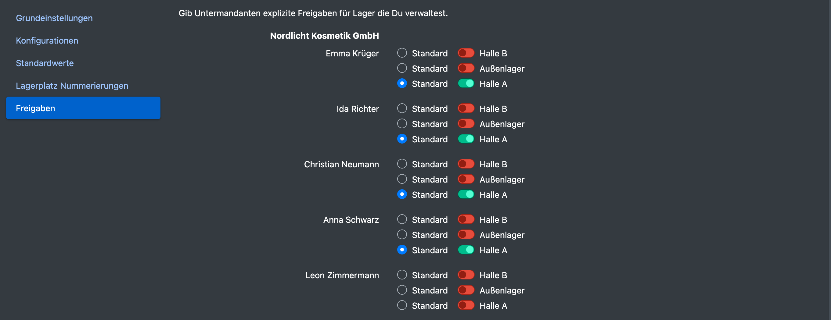 Screenshot: Reiter „Freigaben“ mit einem Mandanten, seinen Benutzern und je Lager einem Schalter und der Option „Standard“