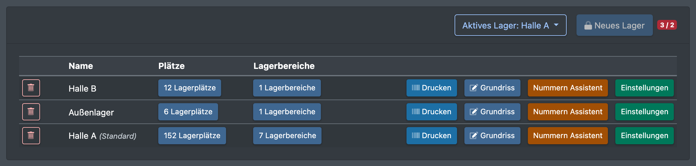 Screenshot: Lager Übersicht mit zwei Lagern, den Spalten Name, Plätze und Lagerbereiche, der Markierung „Standard“ an einem Lager und dem Button „Neues Lager“