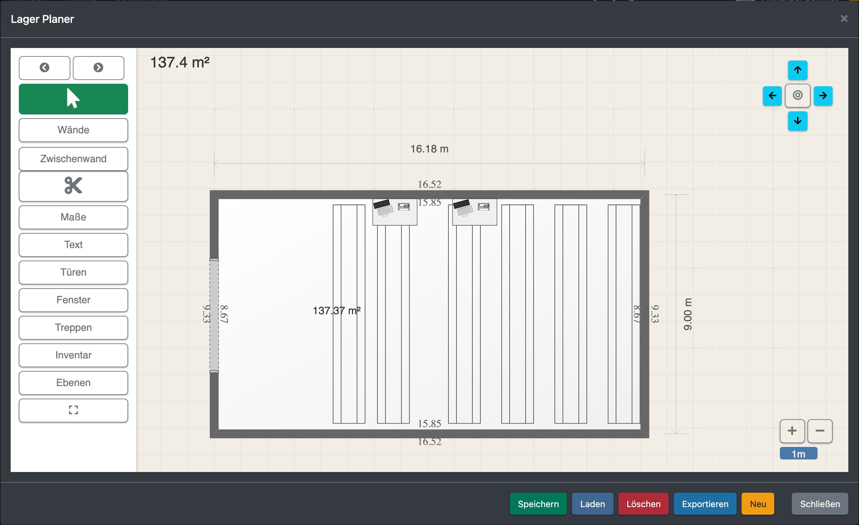 Screenshot: Lager Planer mit einem Hallen-Layout und den Buttons Grundriss speichern, Als neuen Grundriss speichern und Layout wählen