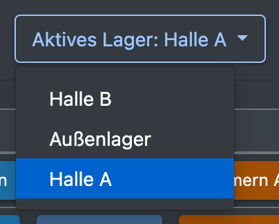Screenshot: Lager-Auswahl oben rechts im WMS mit zwei aufgelisteten Lagern