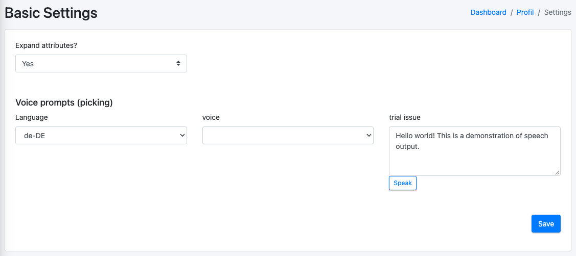 Screenshot: Page "Basic Settings" with "Expand attributes?" and the section "Voice prompts (picking)"