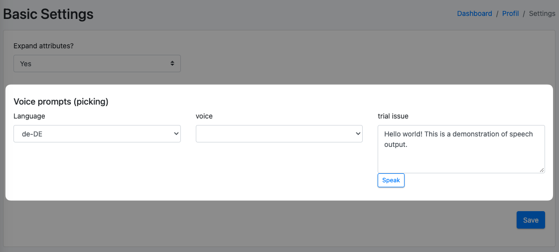 Screenshot: Section "Voice prompts (picking)" with the language and voice selection, the test text and the "Speak" button