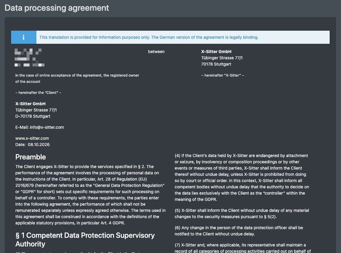 Screenshot: Page "Contract for order processing" with the company address at the top of the agreement
