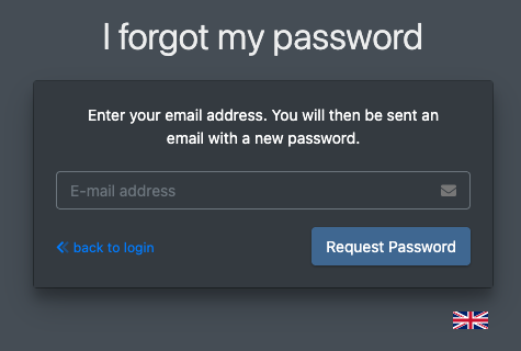 Screenshot: Page "I forgot my password" with the field "E-mail address" and the button "Request Password"