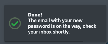 Screenshot: Confirmation page "Password Request sent" after requesting a new password