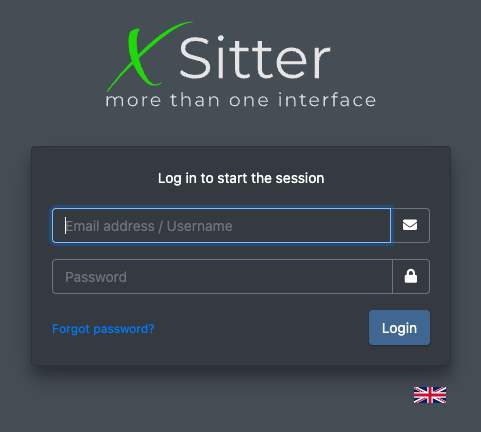 Screenshot: X-Sitter login page with the fields "Email address / Username" and "Password" and the Login button