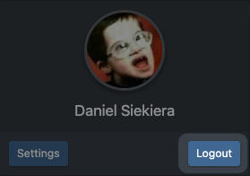 Screenshot: Opened user menu in the top right corner with the buttons "Settings" and "Logout"