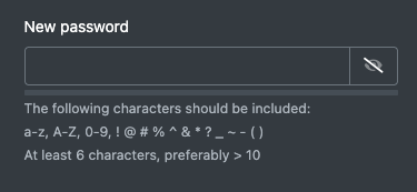 Screenshot: Field "New password" with the eye icon and the password strength bar