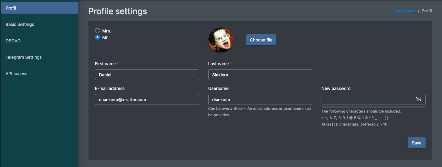 Screenshot: Page "Profile settings" with salutation, profile picture, name, email address, username and new password