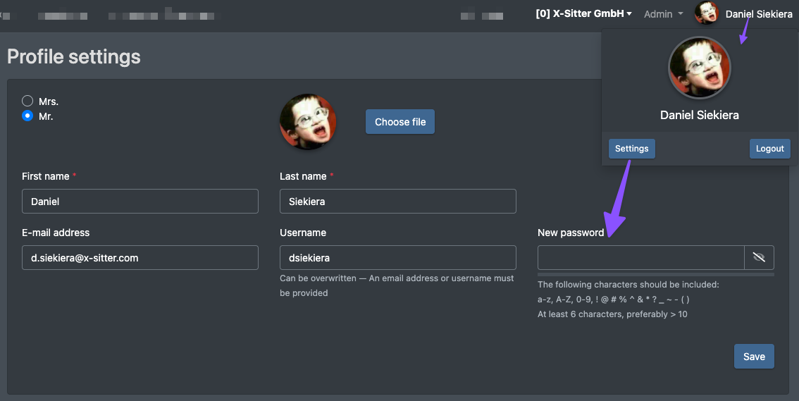 Screenshot: Profile settings with the field "New password"
