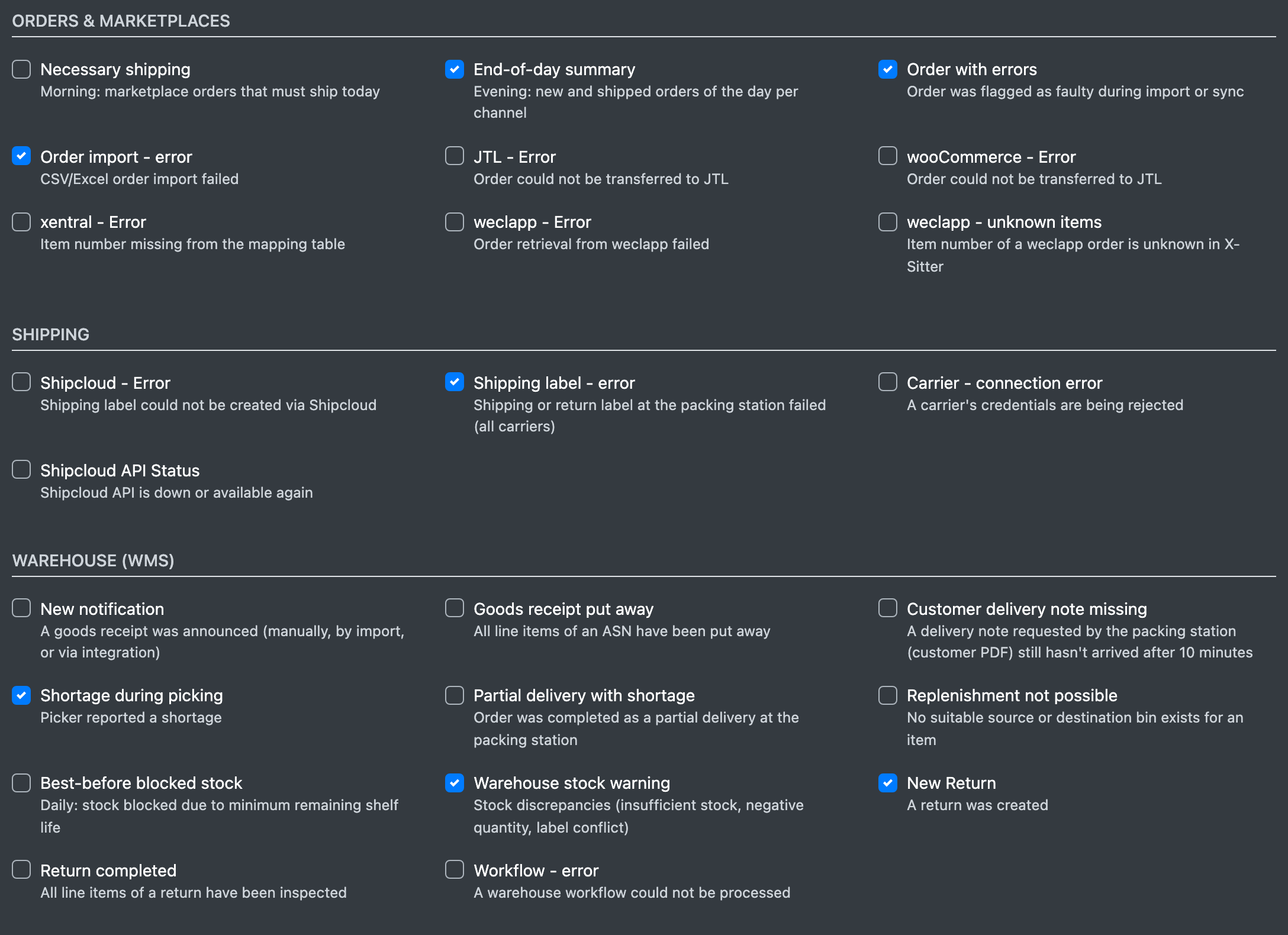 Screenshot: Notification groups with checkboxes, e.g. "Orders & marketplaces" and "Warehouse (WMS)"