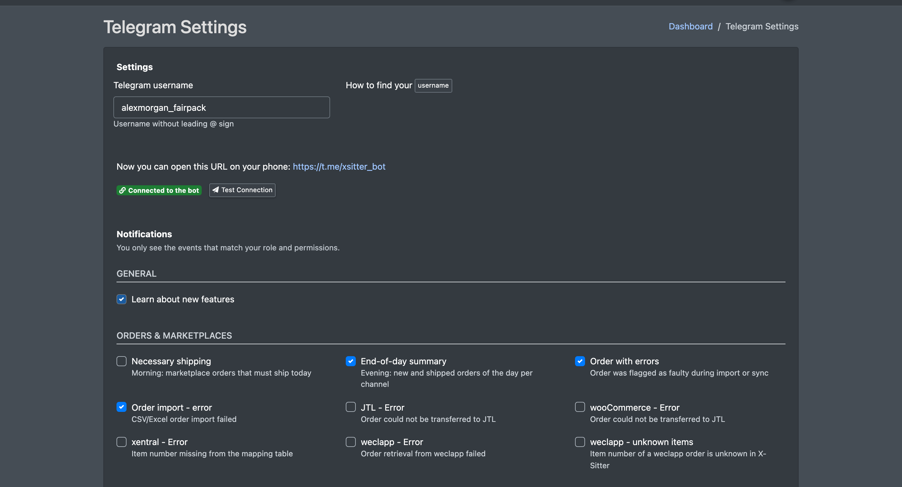 Screenshot: Page "Telegram Settings" with the Telegram username, the bot link, the status "Connected to the bot" and the notification groups