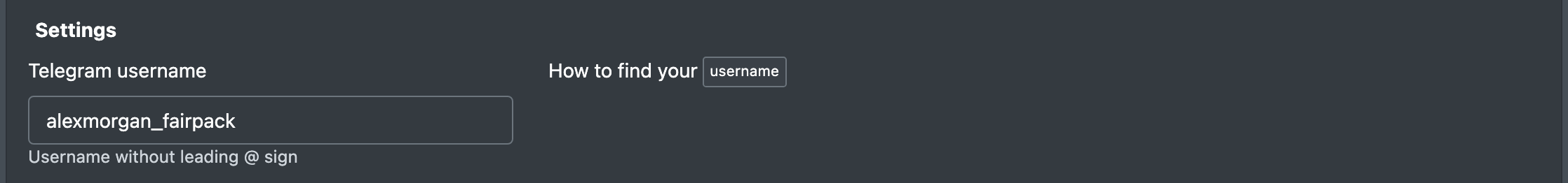 Screenshot: Field "Telegram username" and the button "username"