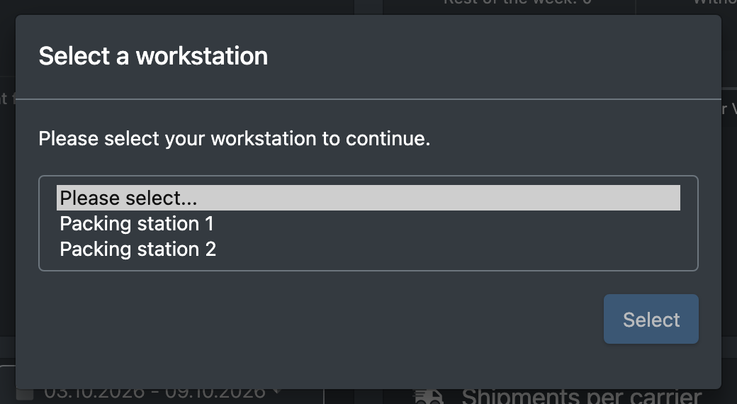 Screenshot: Dialog "Select a workstation" with the list of packing stations and the Select button